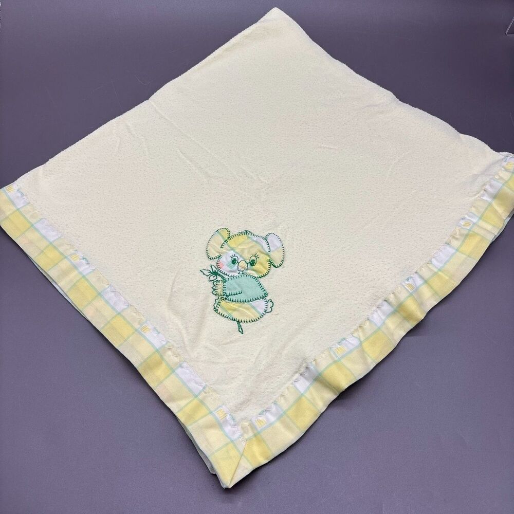 Vintage 70s 80s Baby Blanket Koala Bear Applique Yellow Plaid Quiltex USA 30x35